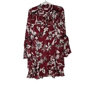 Parker Floral Cherise Ruffle Tiered Dress Neck Tie Burgundy Womens Size Small